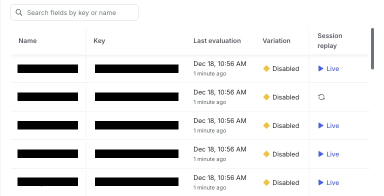 Each row in the audience table shows context details, the last evaluation date, the variation served, and a session replay link.