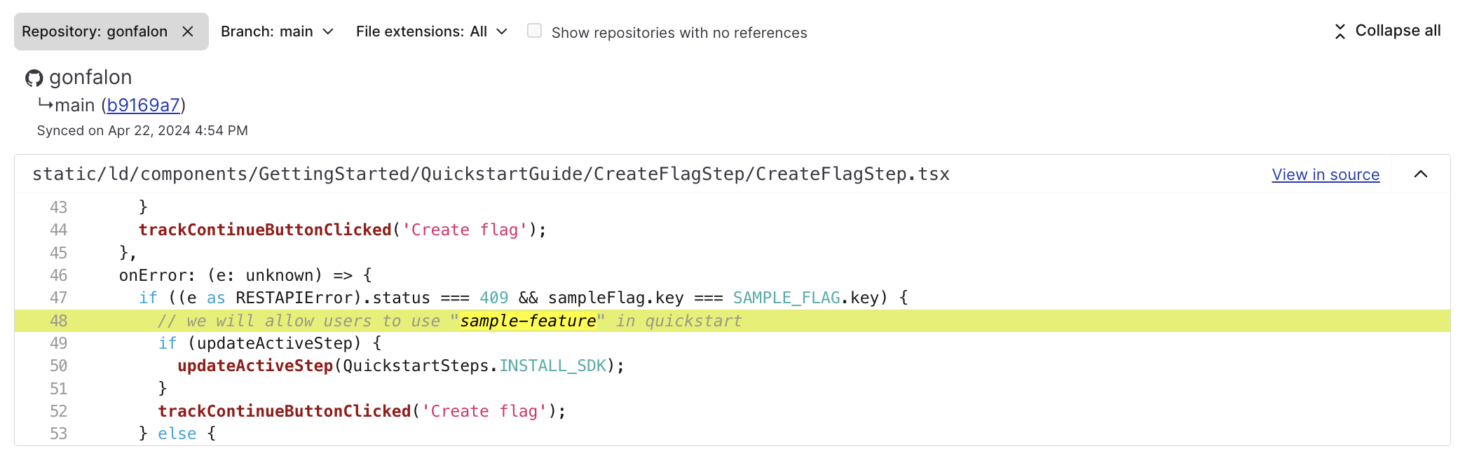 The "Code references" page for a feature flag.