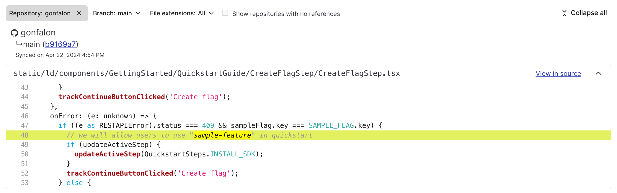 The "Code references" page for a feature flag.