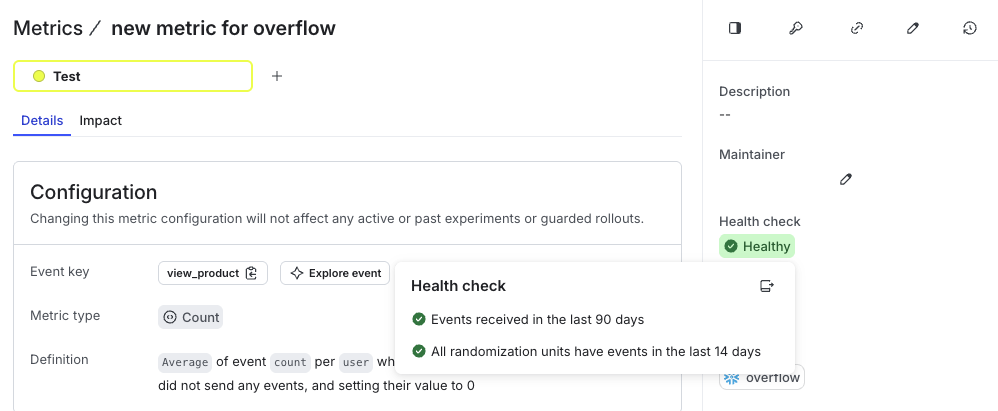 Health check icon on metrics details page.