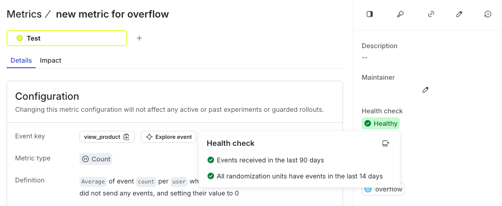 Health check icon on metrics details page.
