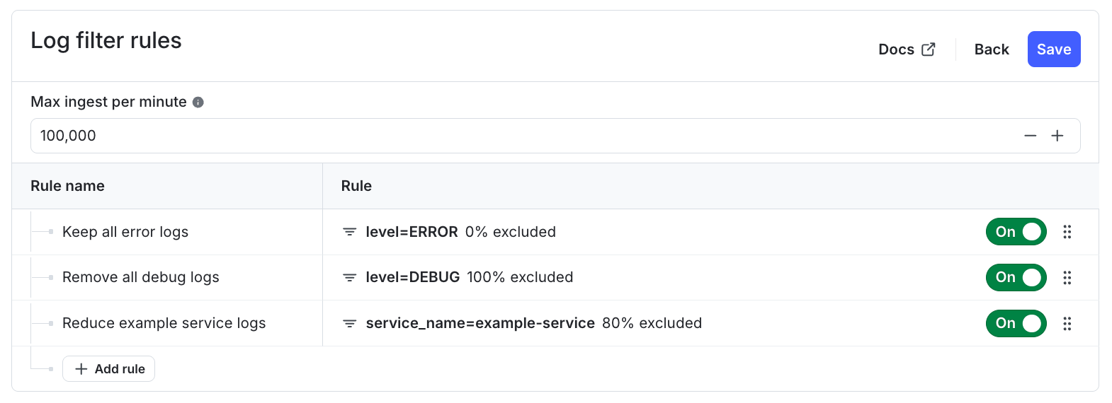 An example of multiple log filter rules.