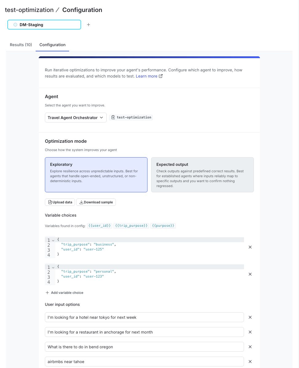 The exploratory mode input configuration in the LaunchDarkly UI, showing separate lists of user inputs and variable choices.