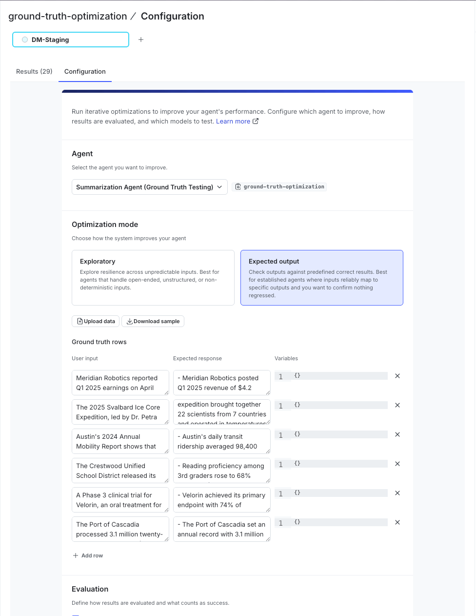 The ground truth mode input configuration in the LaunchDarkly UI, showing paired rows of user inputs, expected responses, and variable values.