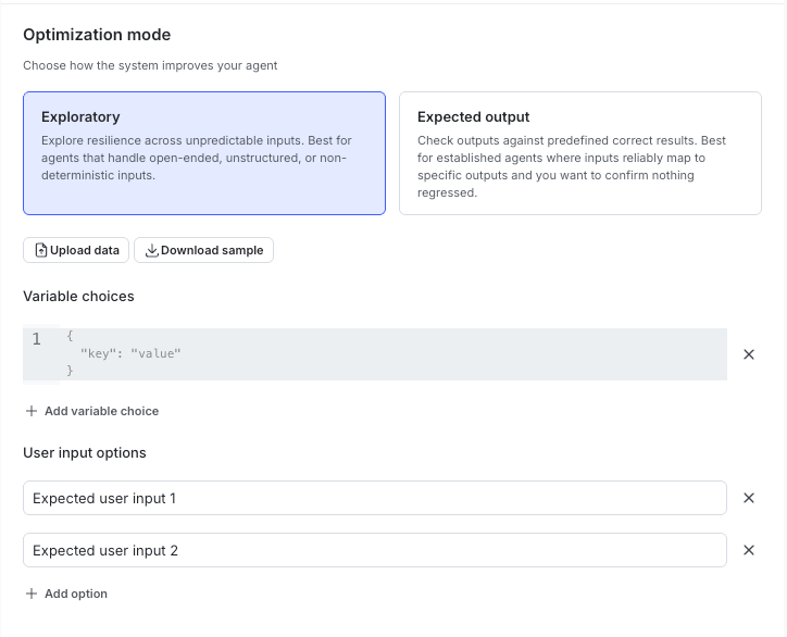 The mode selection and input configuration screen in the LaunchDarkly UI, with options for exploratory and ground truth modes and fields for entering inputs and variable choices.