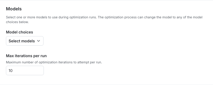 The model options configuration in the LaunchDarkly UI, showing a list of model choices available to the optimization process.