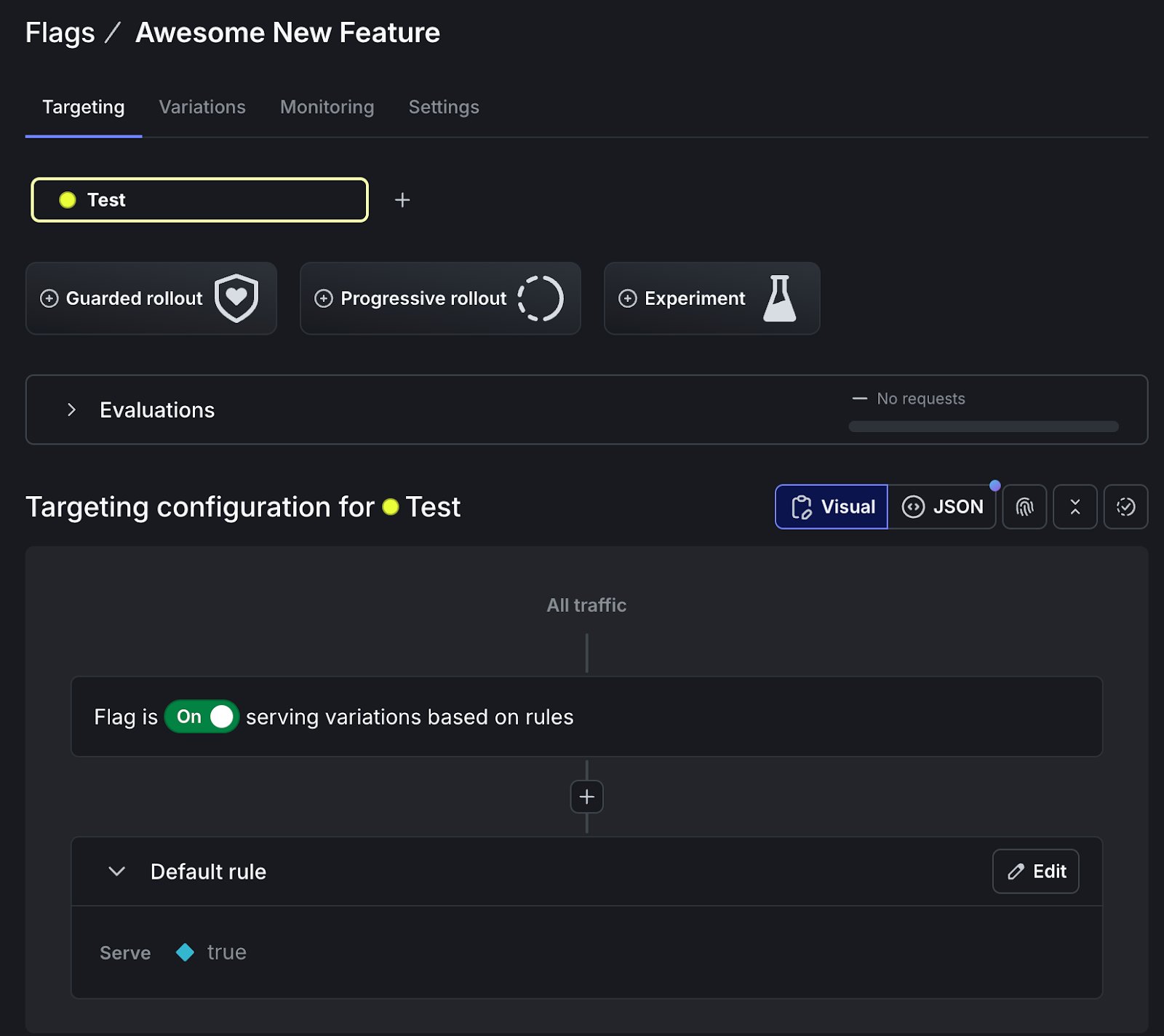 Flag configuration in the LaunchDarkly UI. The flag is On, serving true to all users in the Test environment.