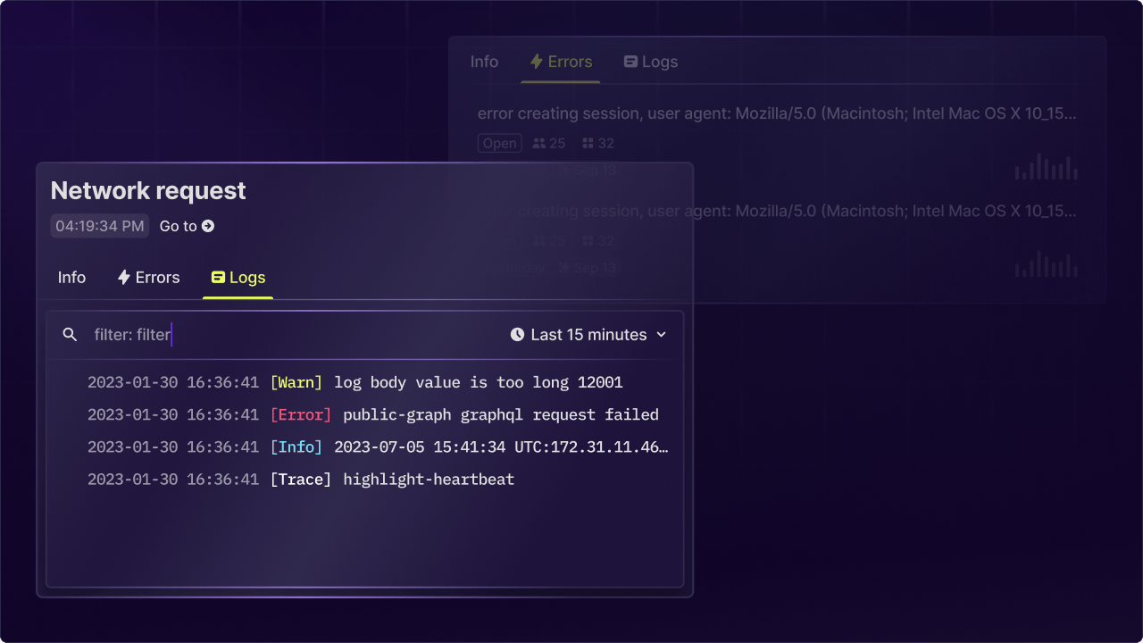 Network request detail panel showing metadata, errors, and logs for a single request.