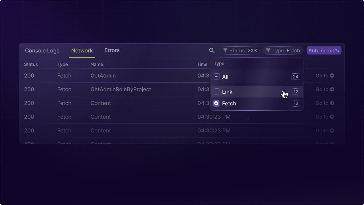 Network request tab in the LaunchDarkly replay dev tools with filtering by type and status code.