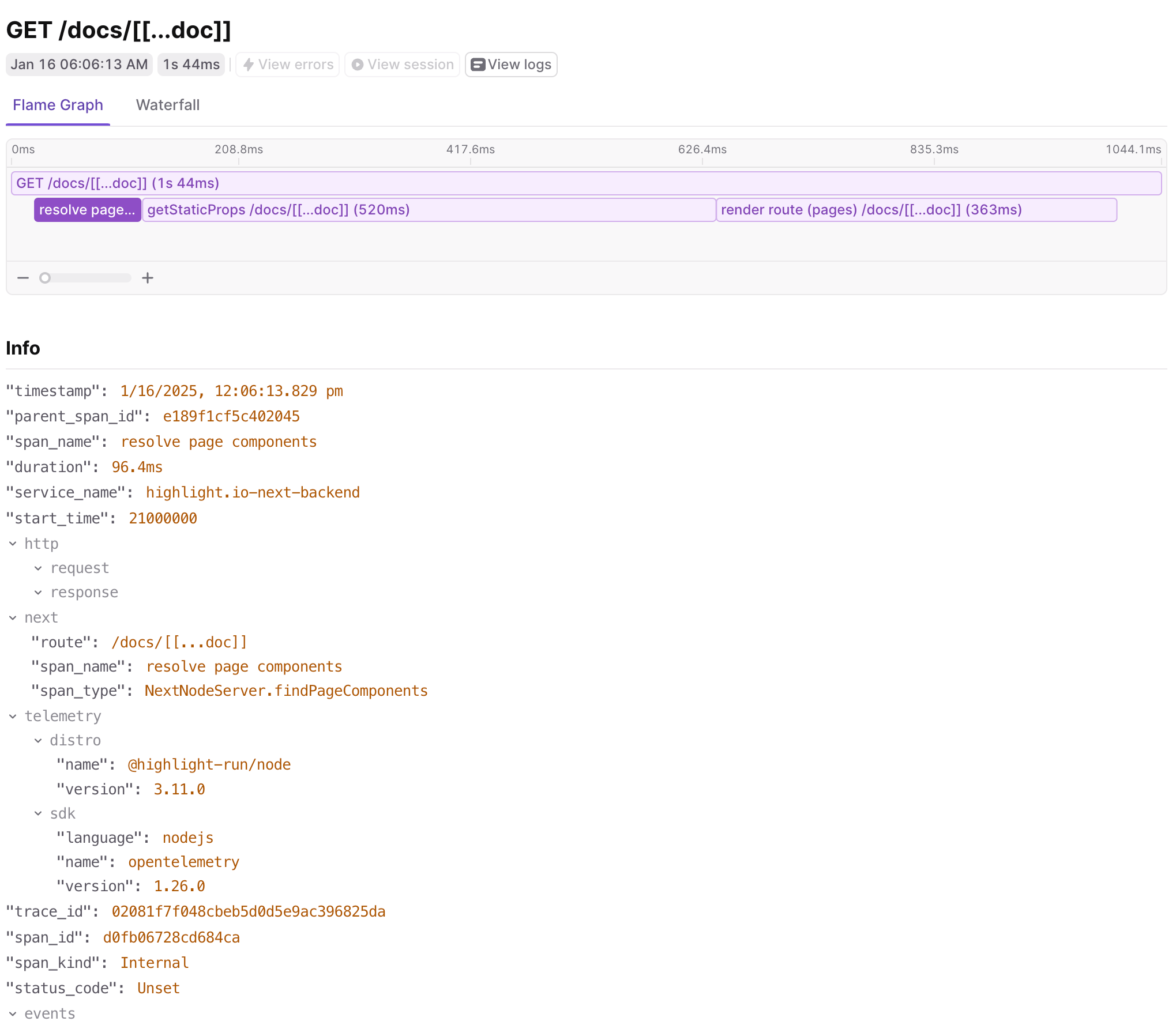 Flame graph visualization of a Next.js trace without verbose tracing enabled.
