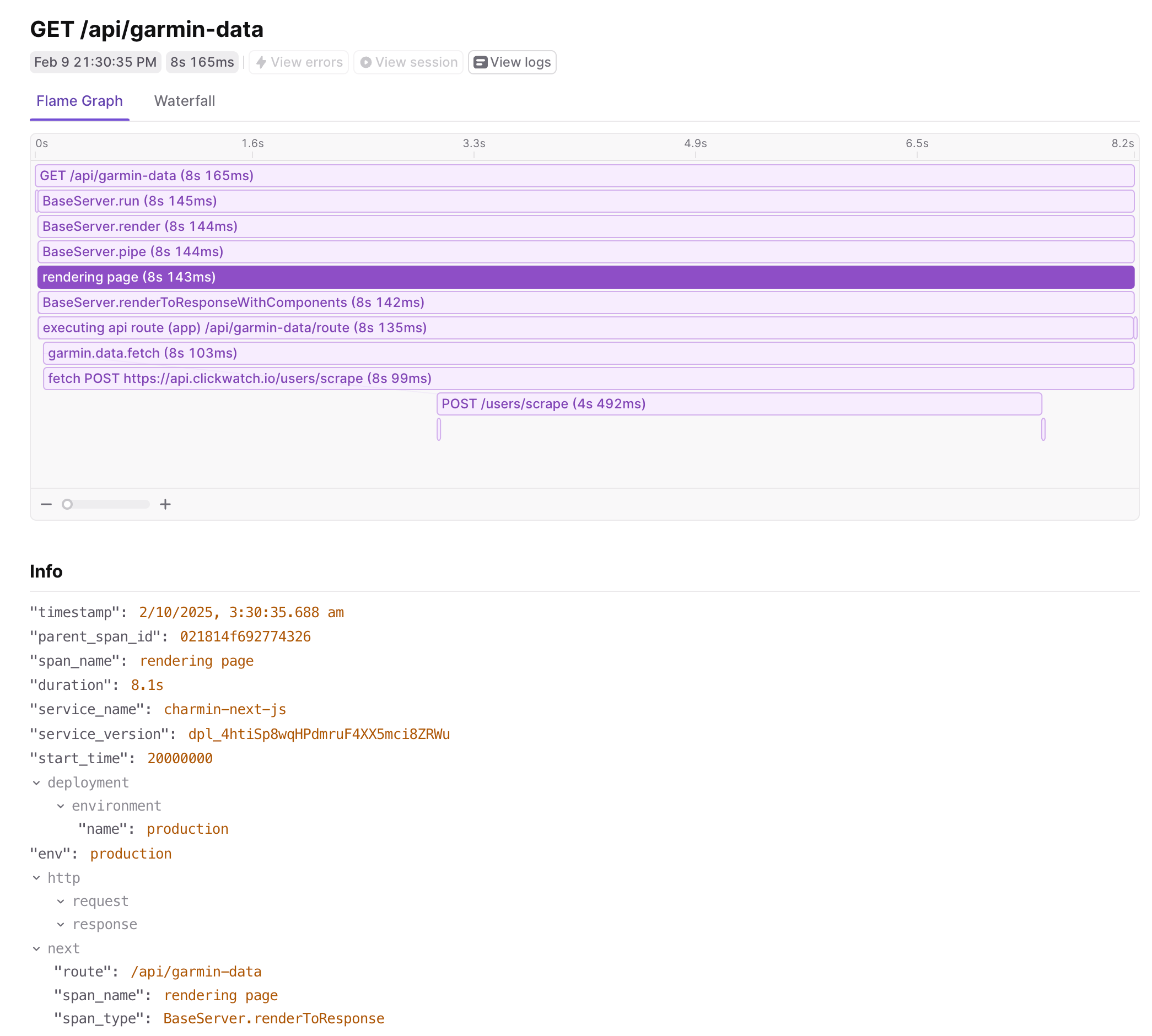 Trace view showing an API route request piped through Next.js with a custom span wrapping an outgoing fetch call.