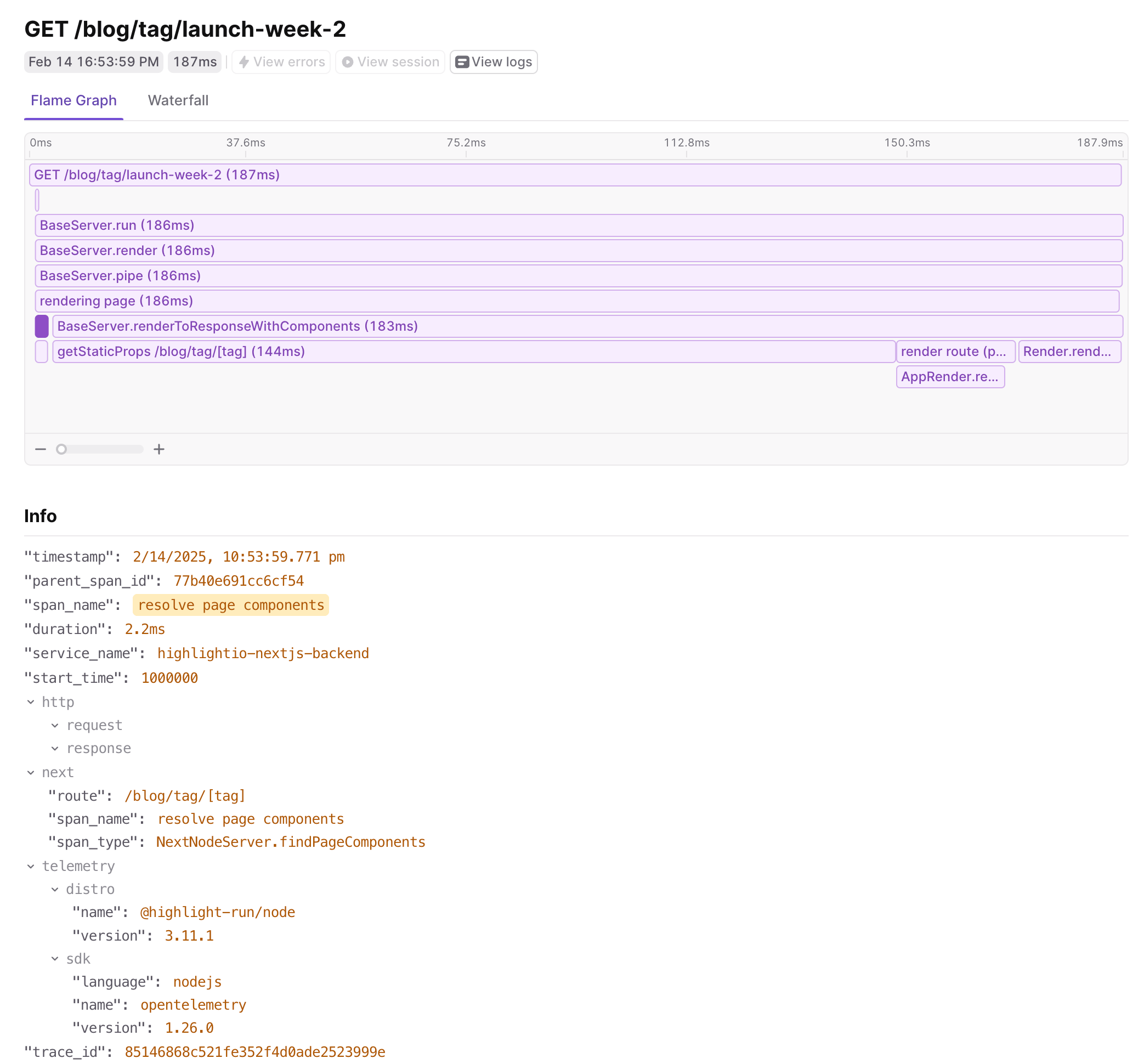 Flame graph visualization of the same Next.js trace with verbose tracing enabled showing additional spans.
