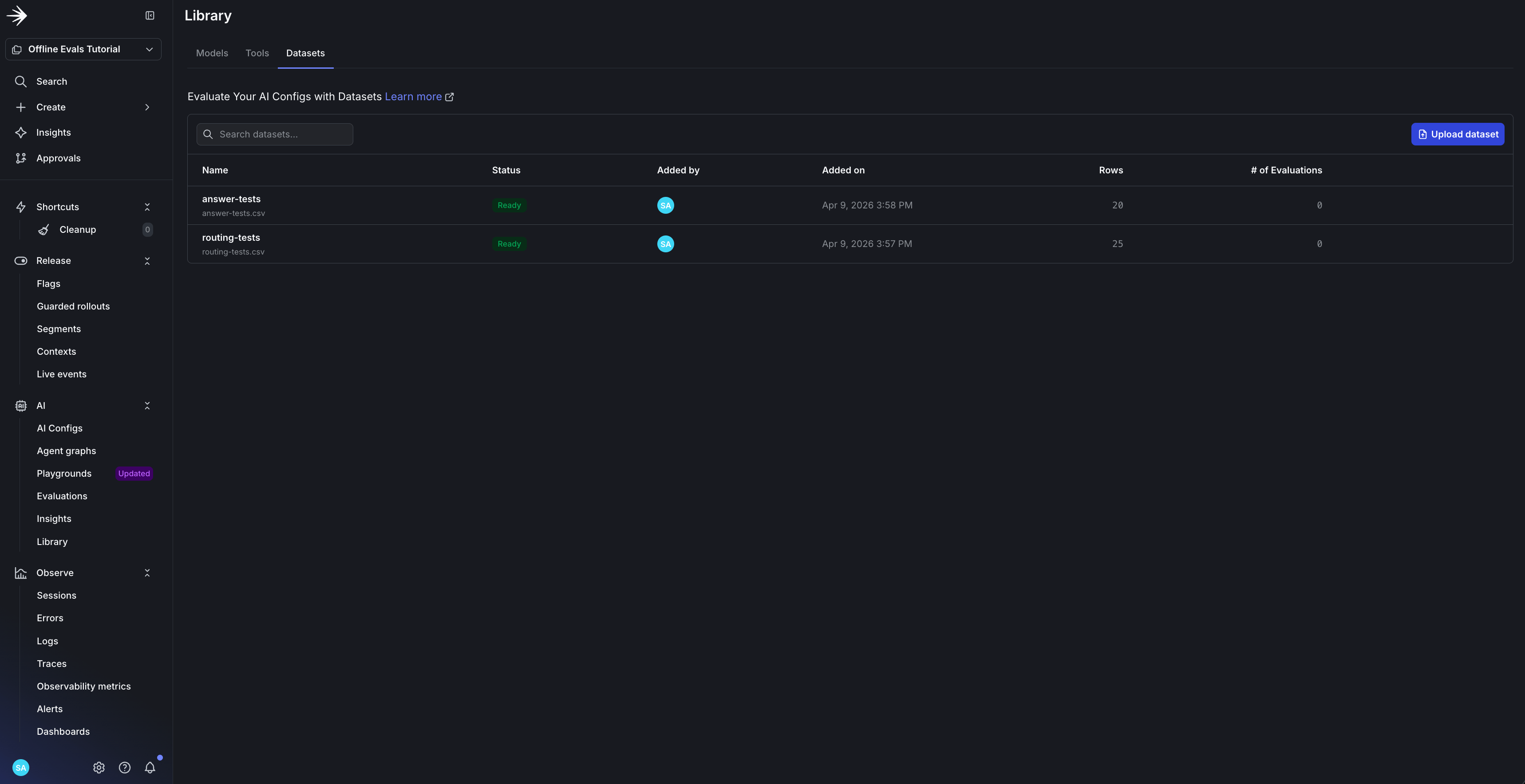 The LaunchDarkly Datasets tab showing the answer-tests dataset uploaded.