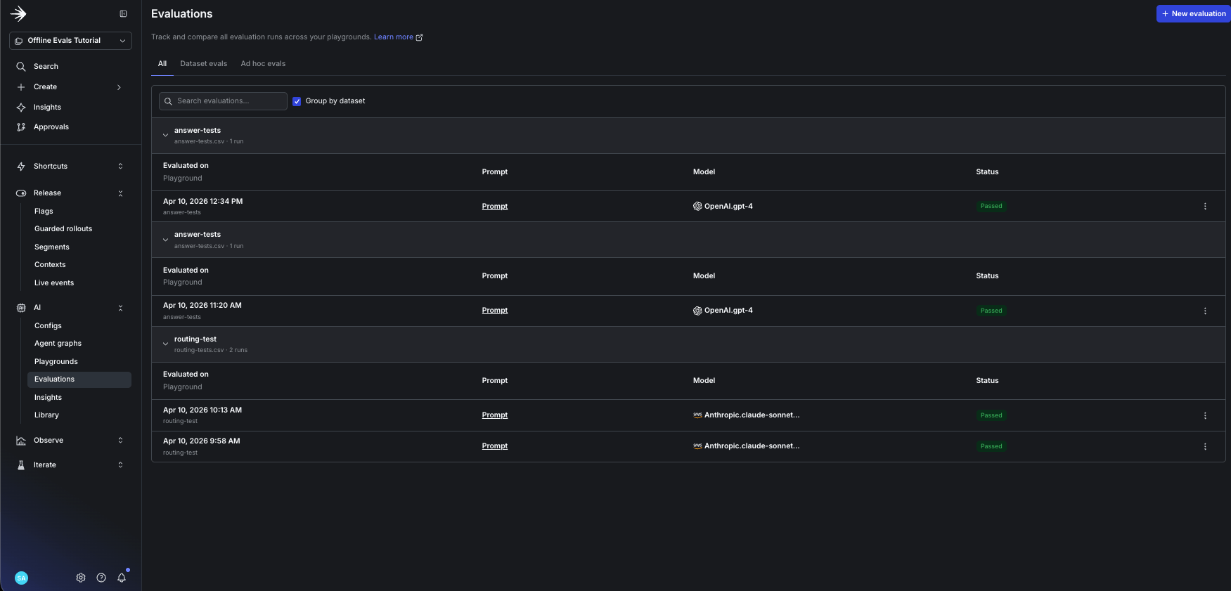 The Evaluations page with Group by dataset enabled, showing saved runs collapsed under each dataset name with their prompts, models, and pass/fail status.
