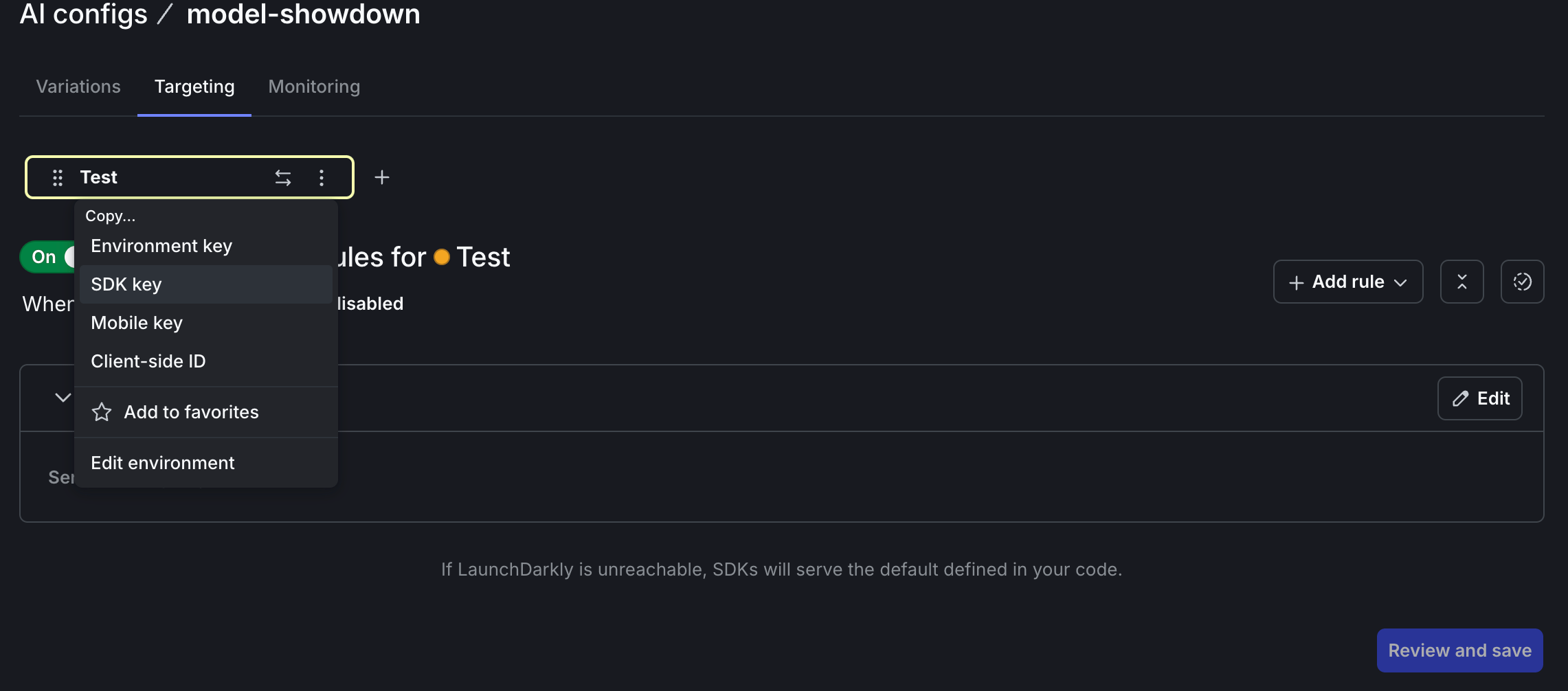 How to copy your SDK key from a project in the LaunchDarkly UI.