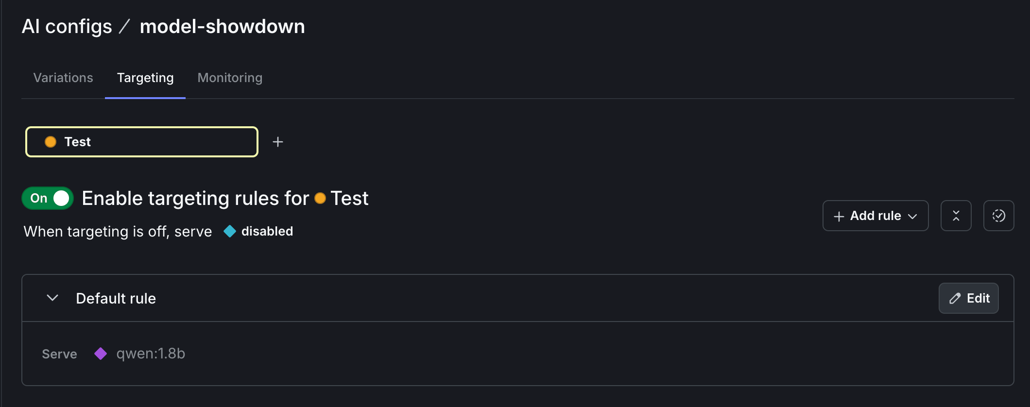 How to serve the Qwen variation with AgentControl, in the LaunchDarkly app UI.