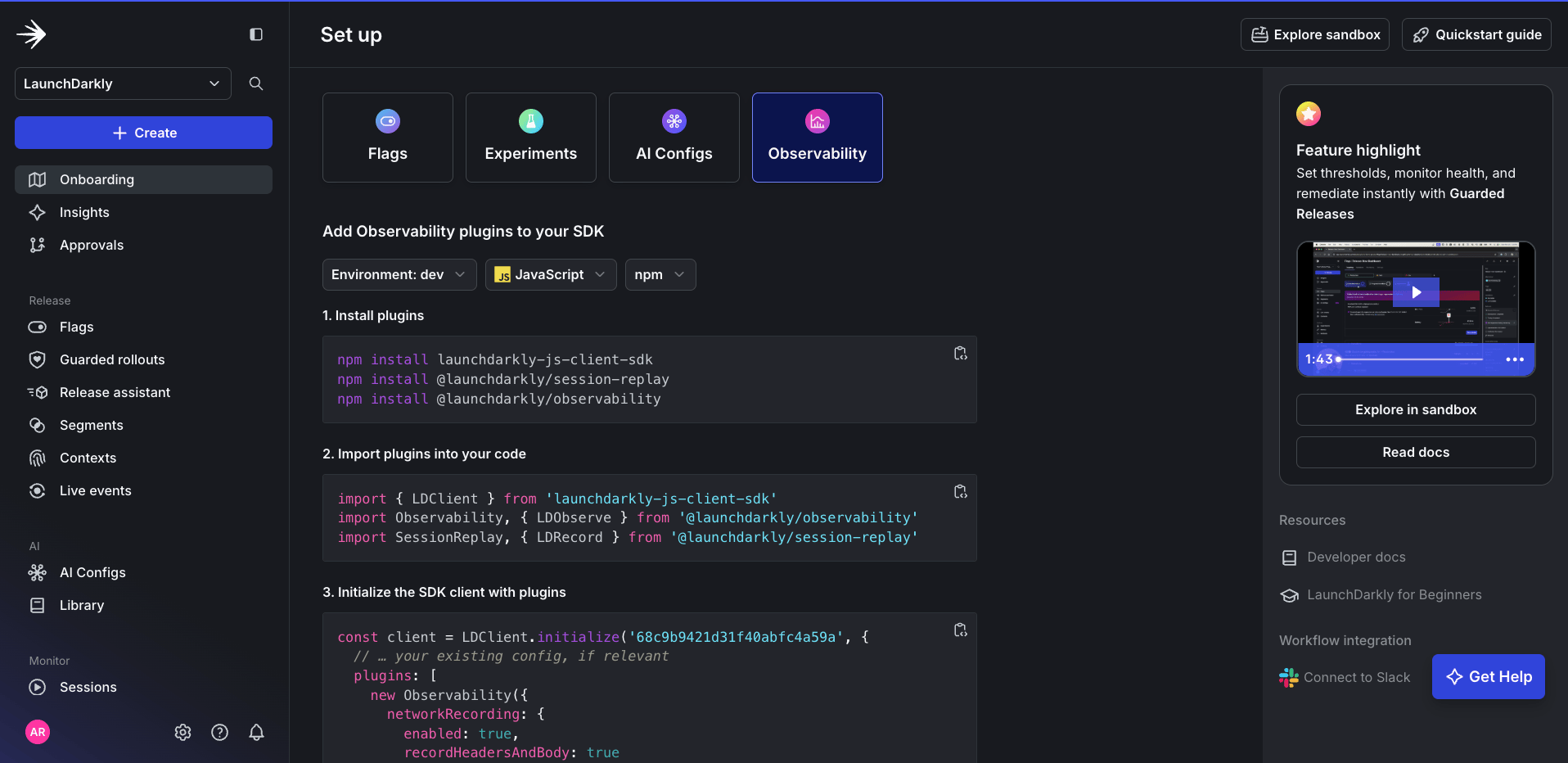The LaunchDarkly onboarding page