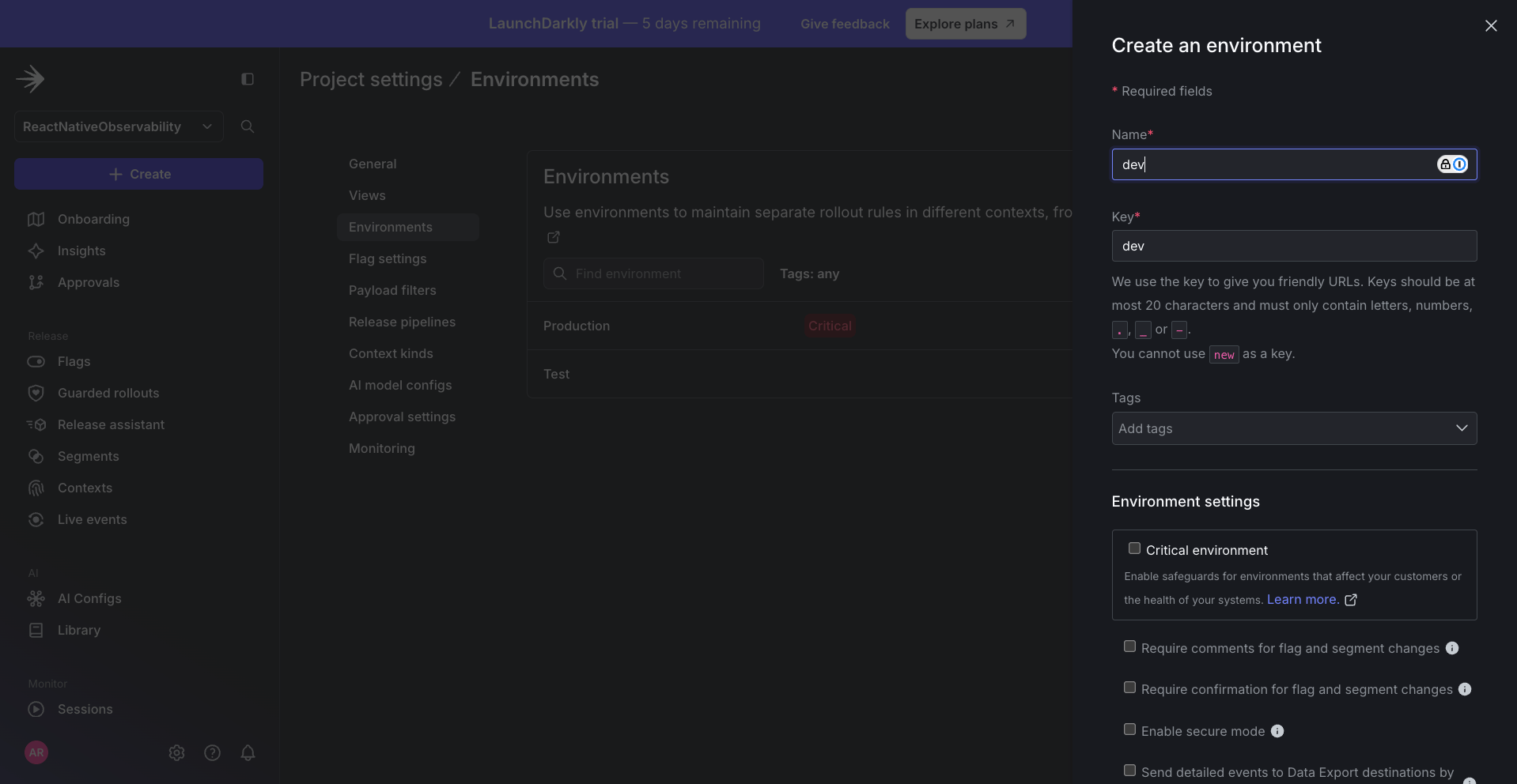 Screenshot of create new environment widget page