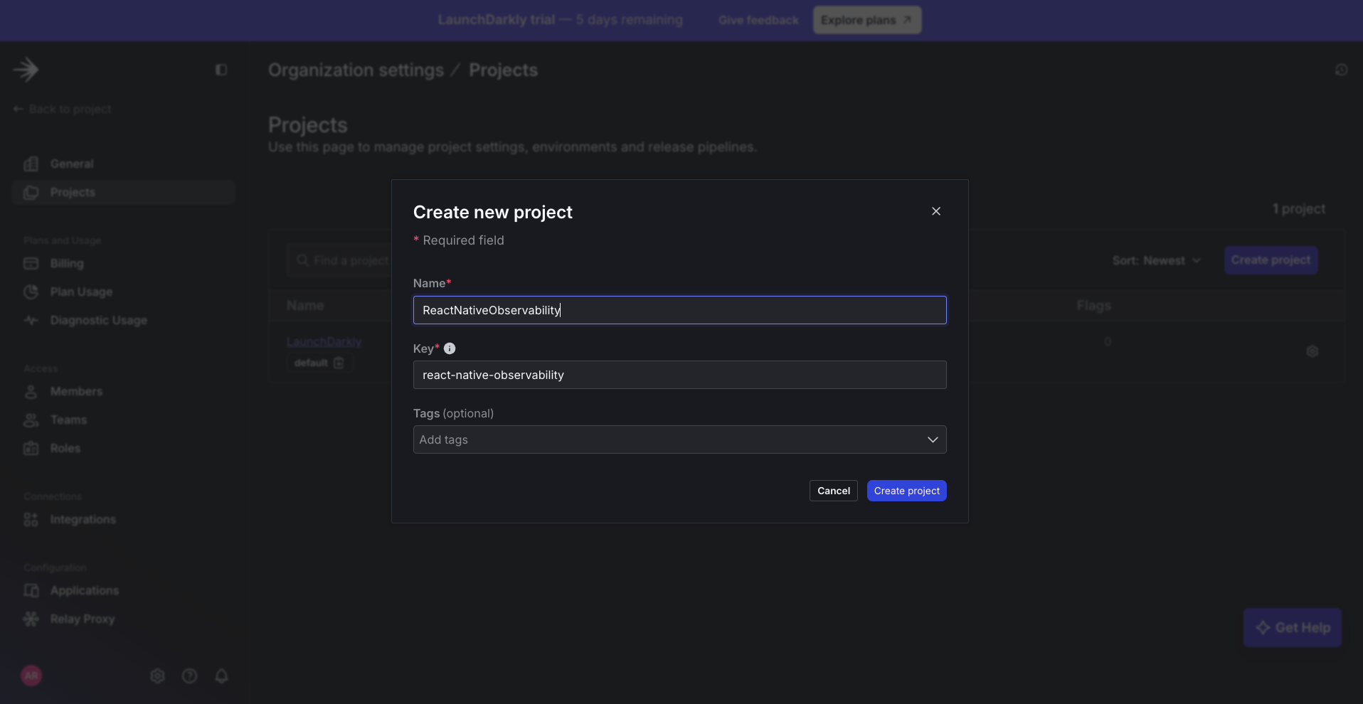 Screenshot of New project page