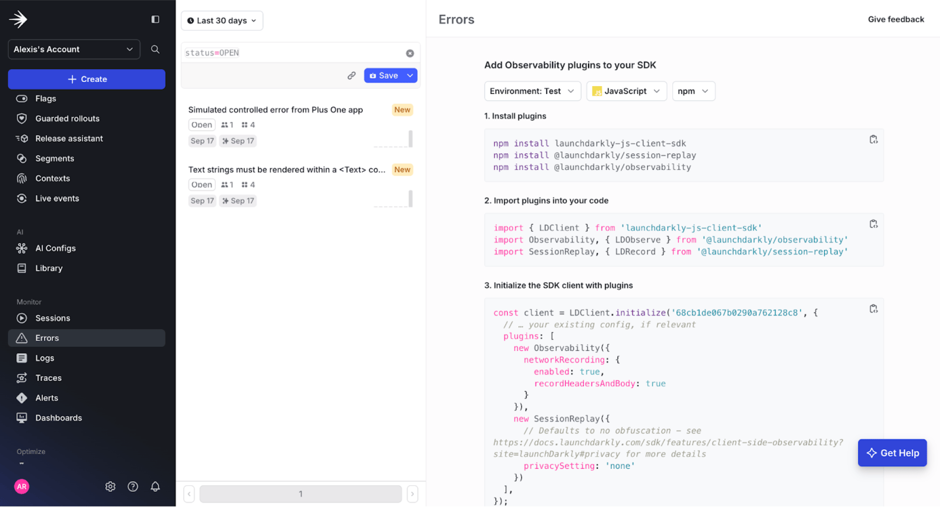 Screenshot of errors page