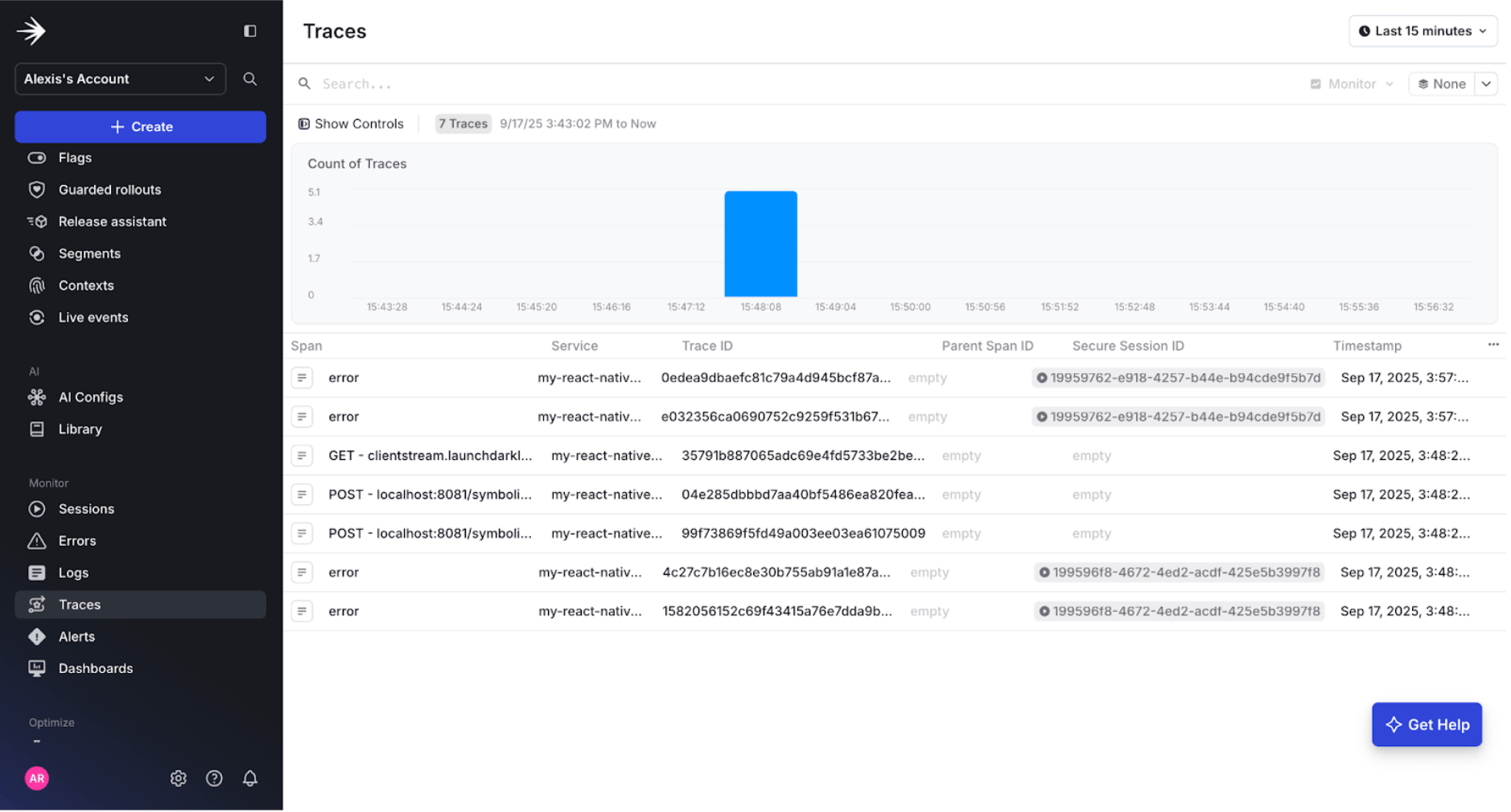 Screenshot of traces page