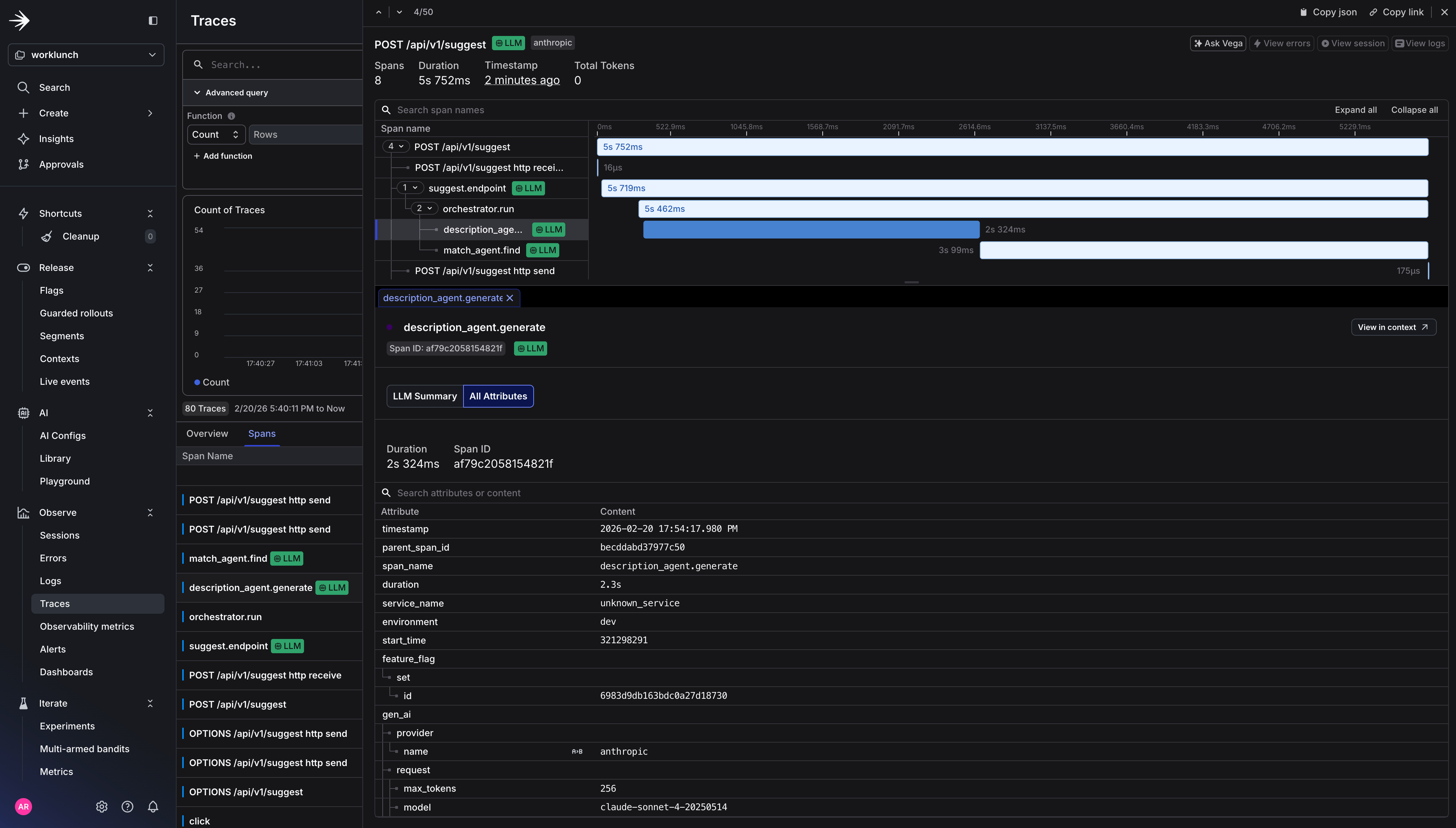 LaunchDarkly traces UI