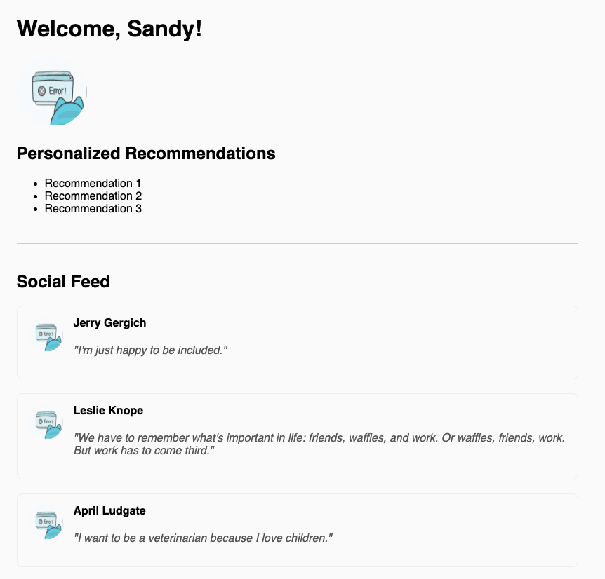 Homepage of social app with default image.