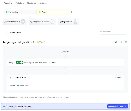 Toggling on a flag on the LaunchDarkly dashboard