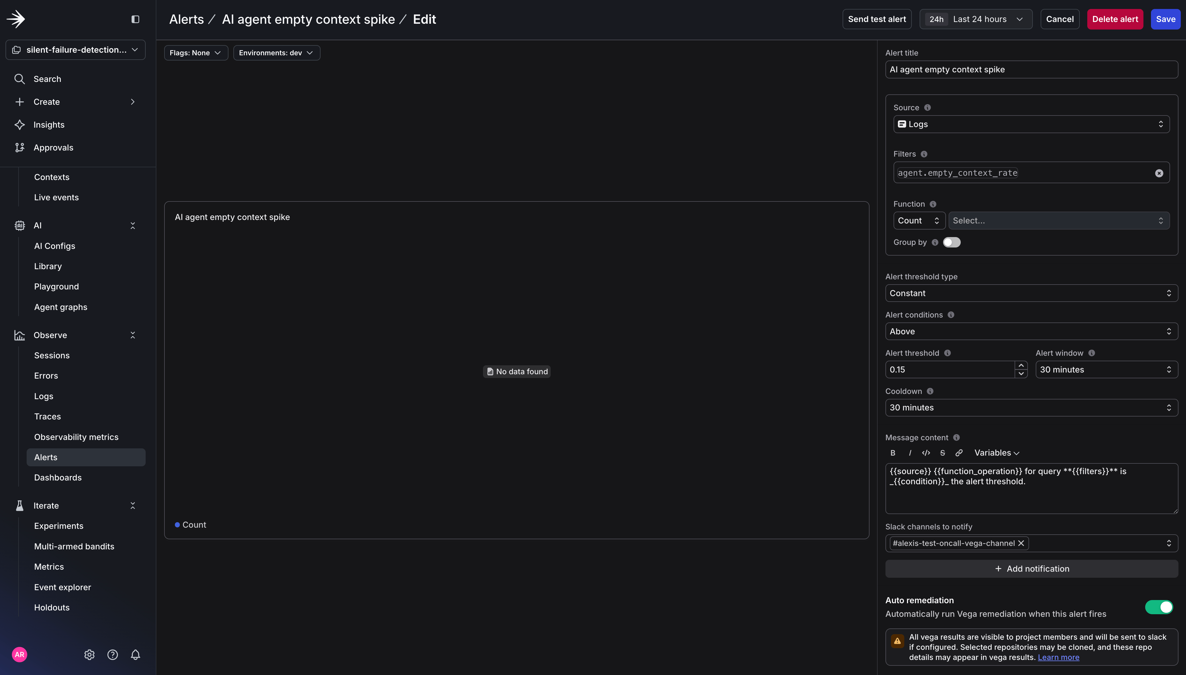 Creating a new alert for Vega in LaunchDarkly.