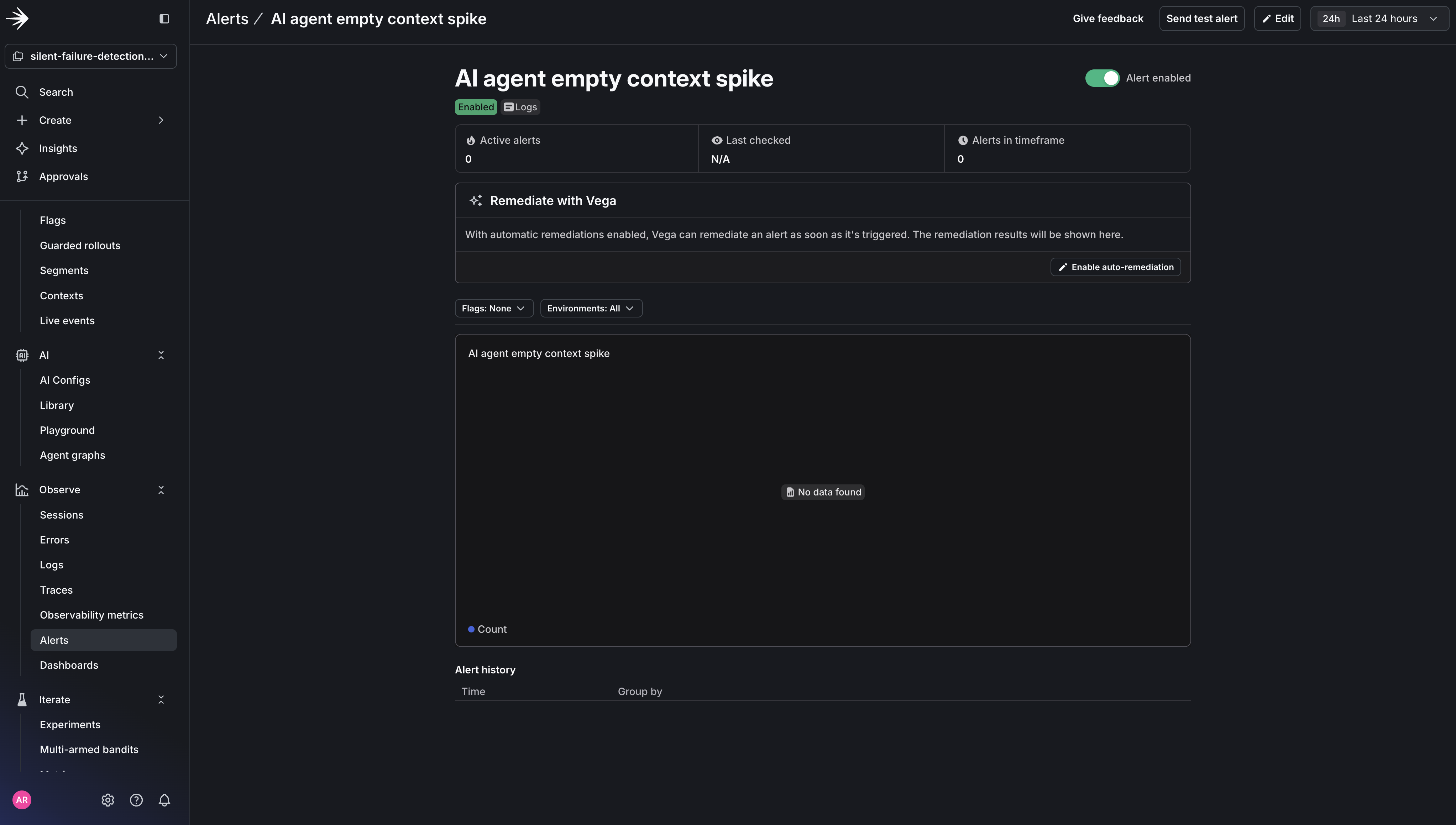 The full alert configuration with Auto remediation enabled and Agent mode set to Investigate.