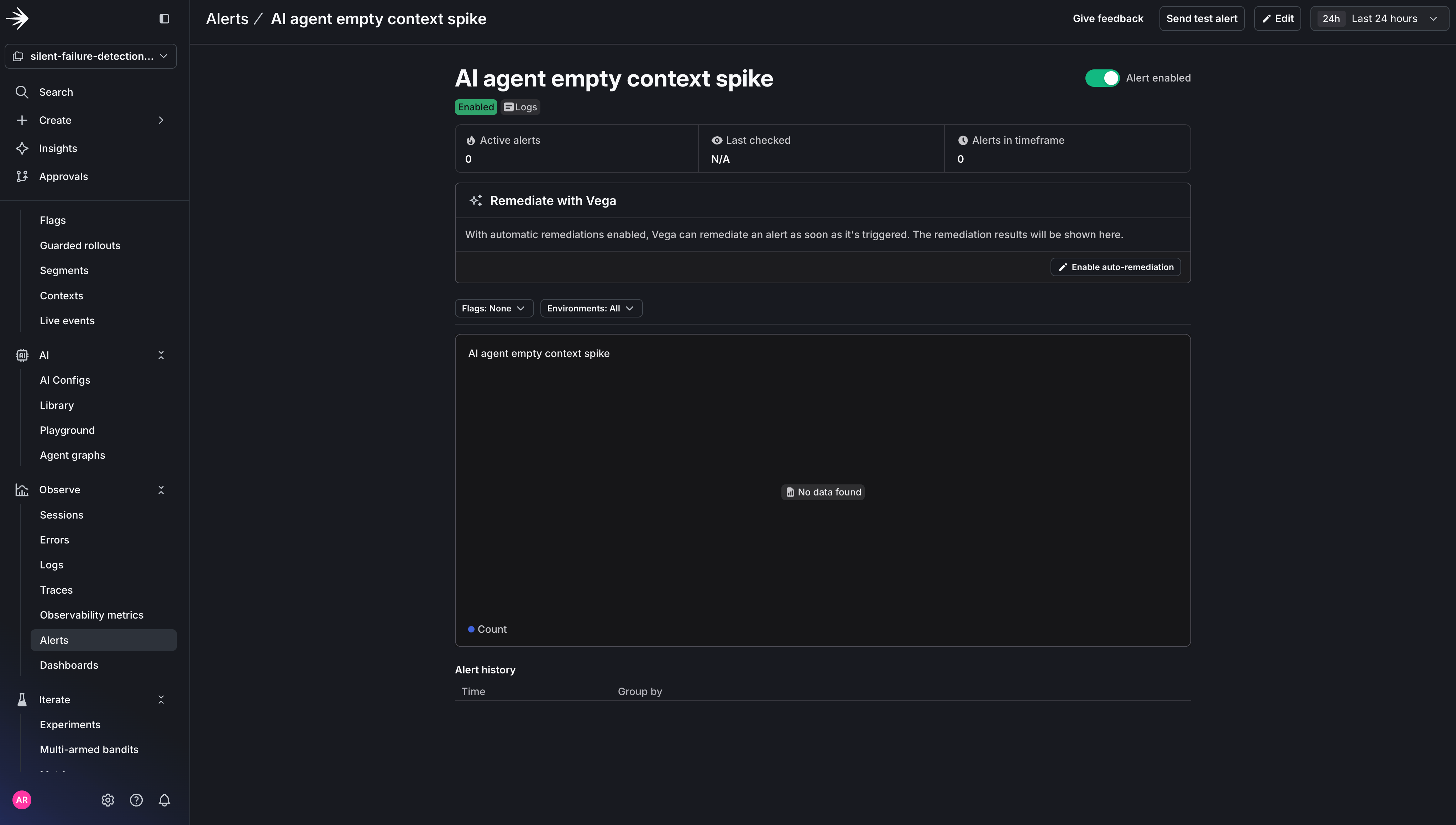 The full alert configuration with Auto remediation enabled and Agent mode set to Investigate.