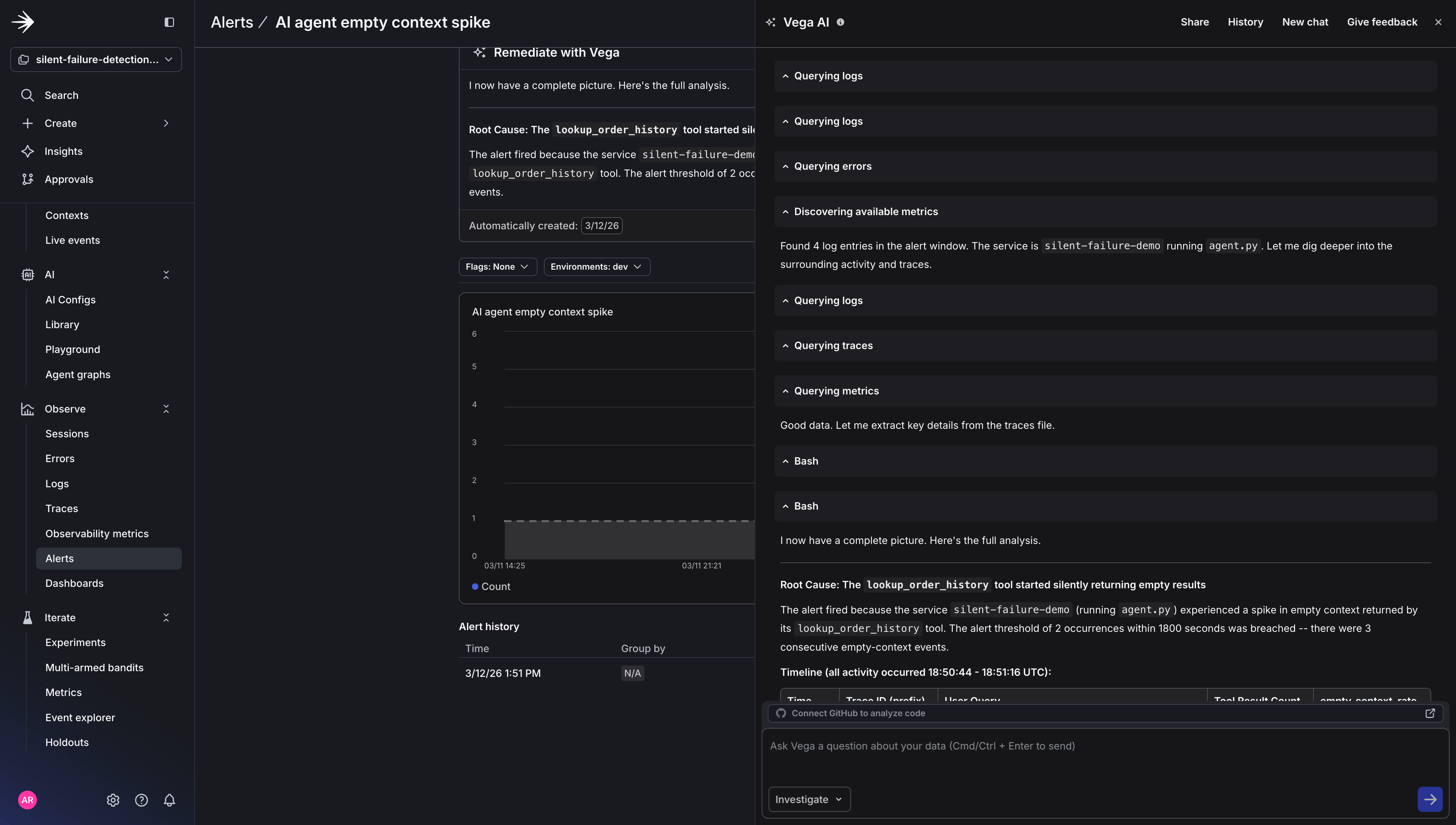 Vega's correlation of logs, metrics, and traces in the investigation report.