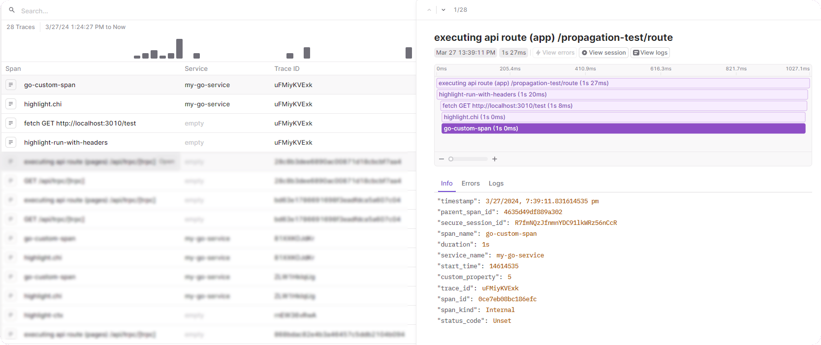 LaunchDarkly trace view showing the go-custom-span from the Golang backend service.