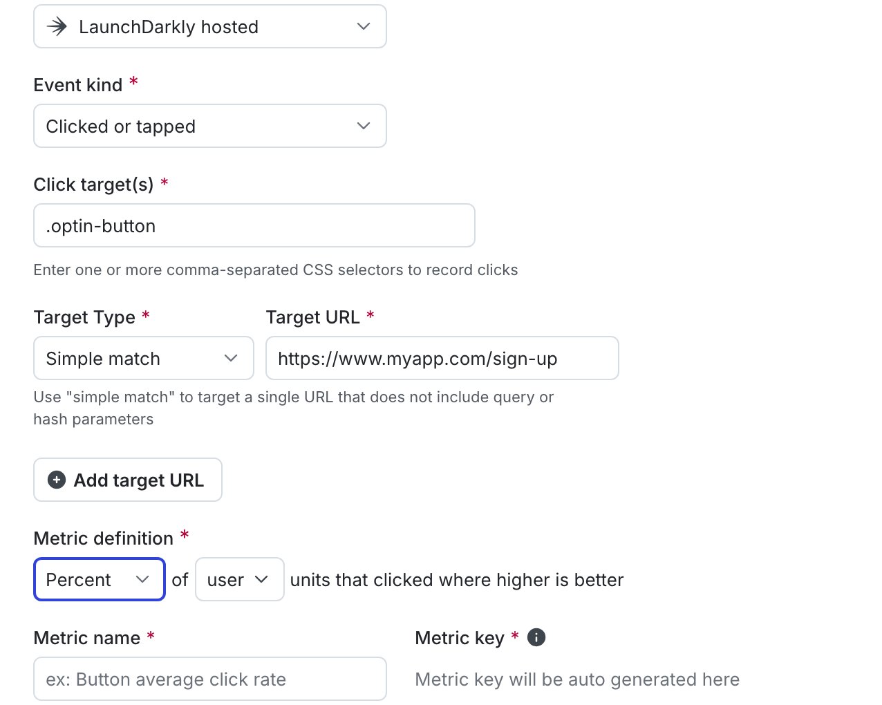 The "Create metric" dialog for a click conversion metric.