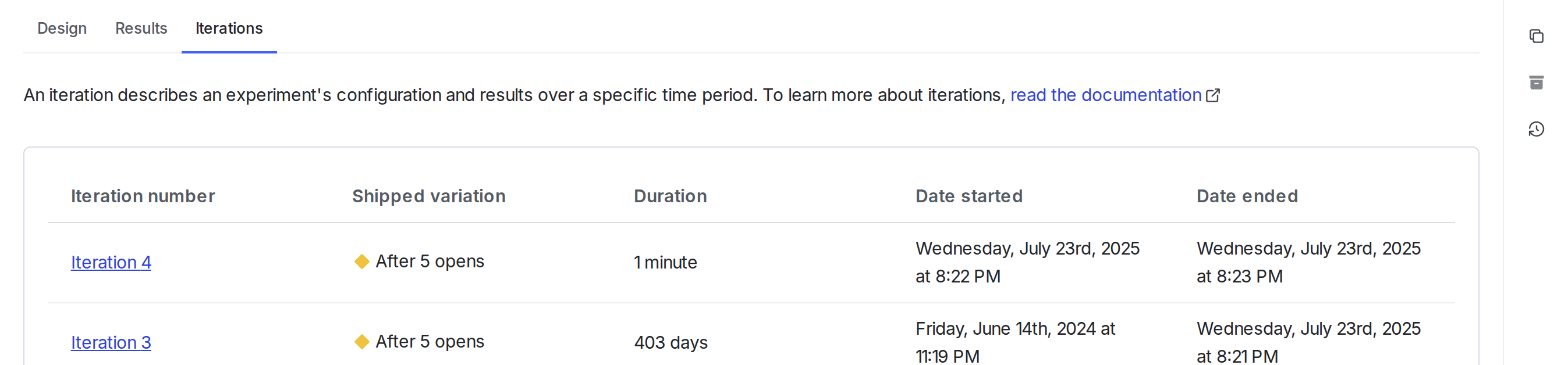 An experiment's "Iterations" tab.
