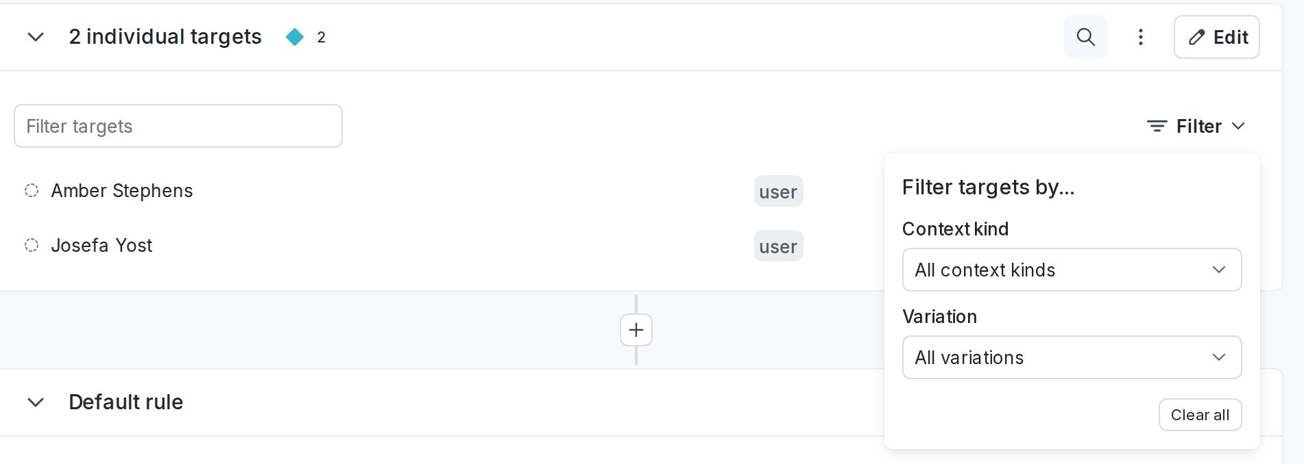 The filter options for individually targeted contexts.