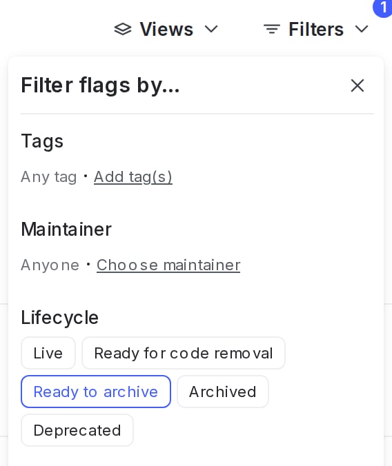 The project-level Filters menu, with "Ready to archive" selected.