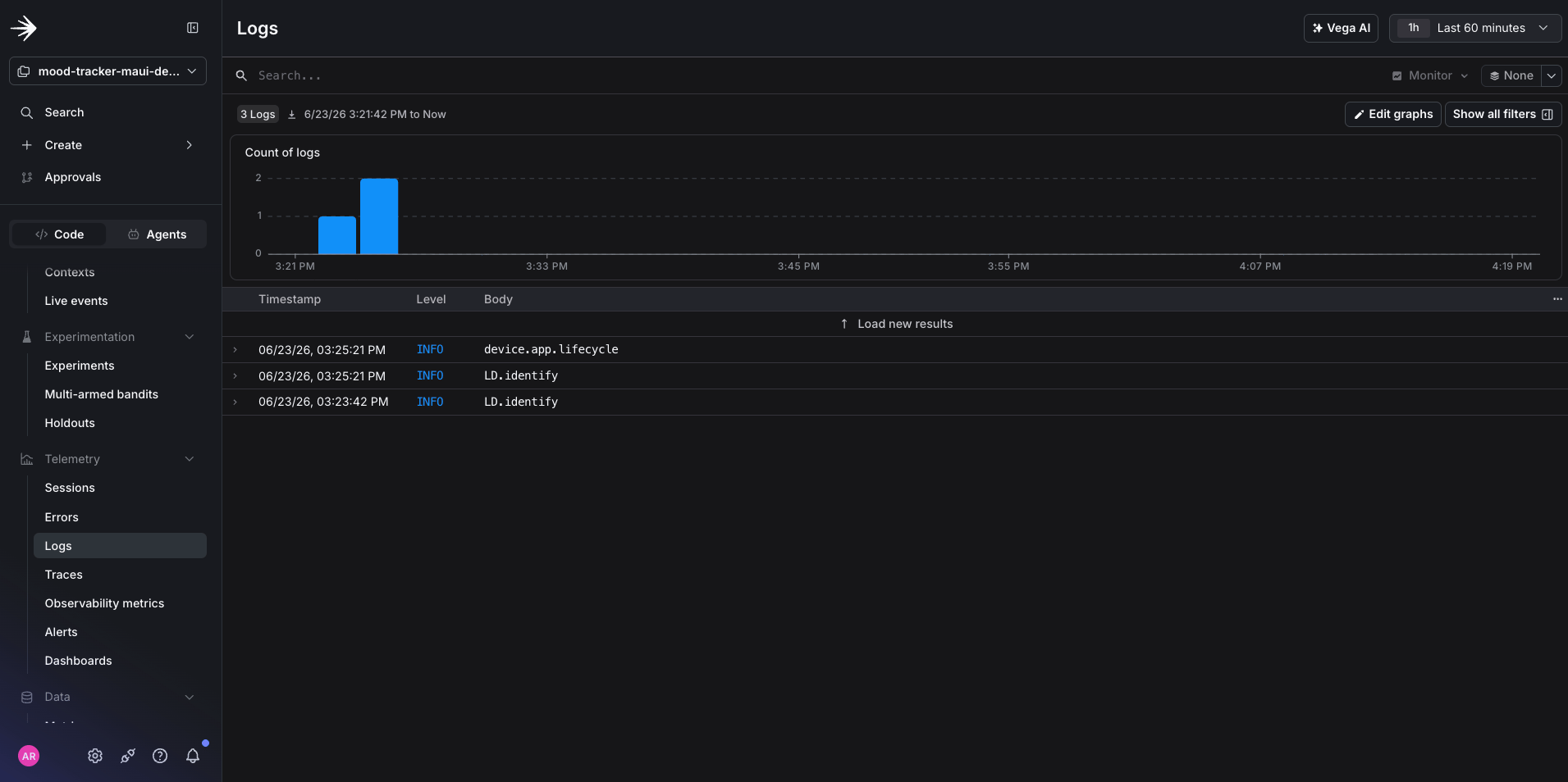 The LaunchDarkly observability view listing logs and errors from an Android app, attributed to the service name set during initialization.