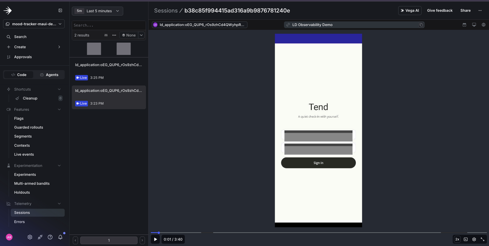 An Android session replay showing a login screen where the password field is rendered as a solid block while surrounding labels remain visible, demonstrating text-input masking.