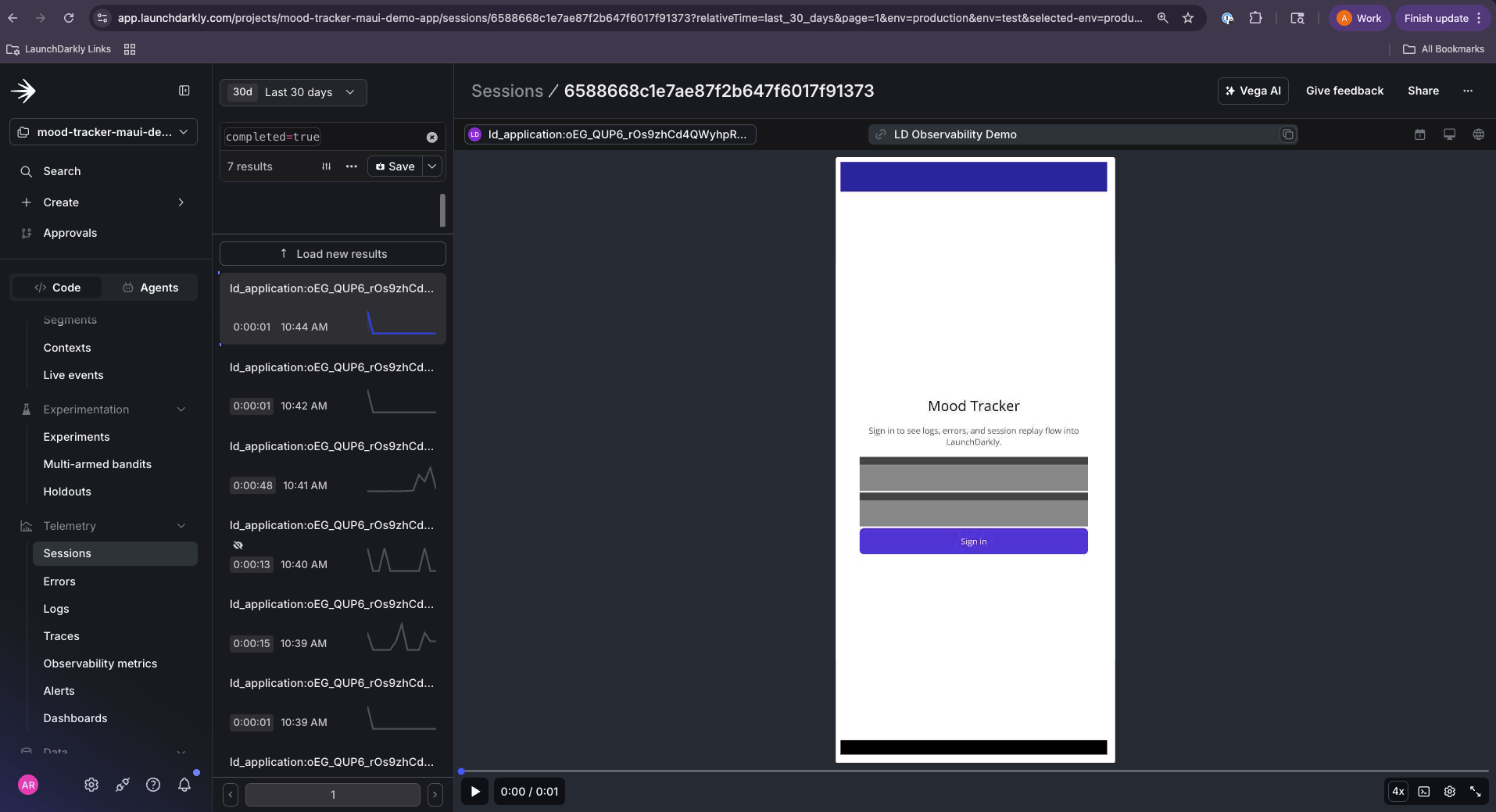 A MAUI session replay showing a login screen where the password entry is rendered as a solid block while surrounding labels remain visible, demonstrating text-input masking.