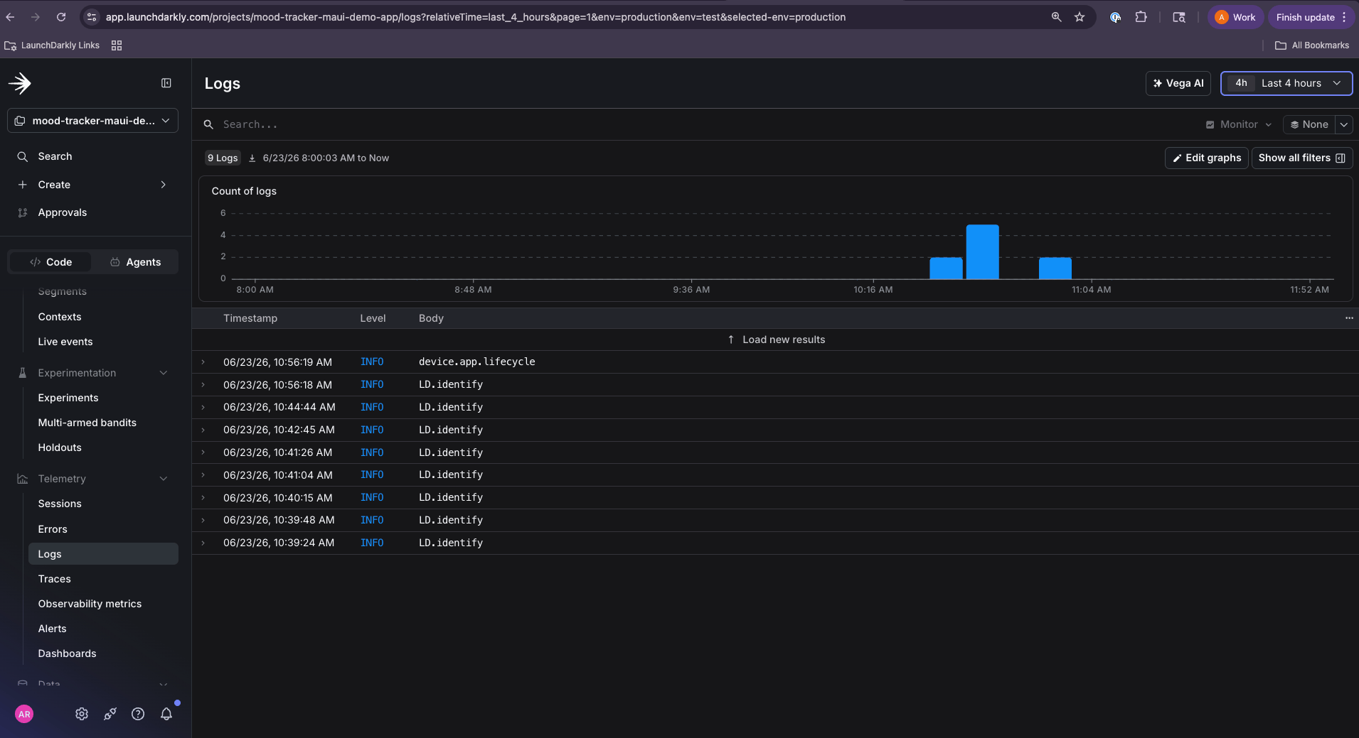 The LaunchDarkly observability view listing logs and errors from a MAUI app, attributed to the service name set during initialization.