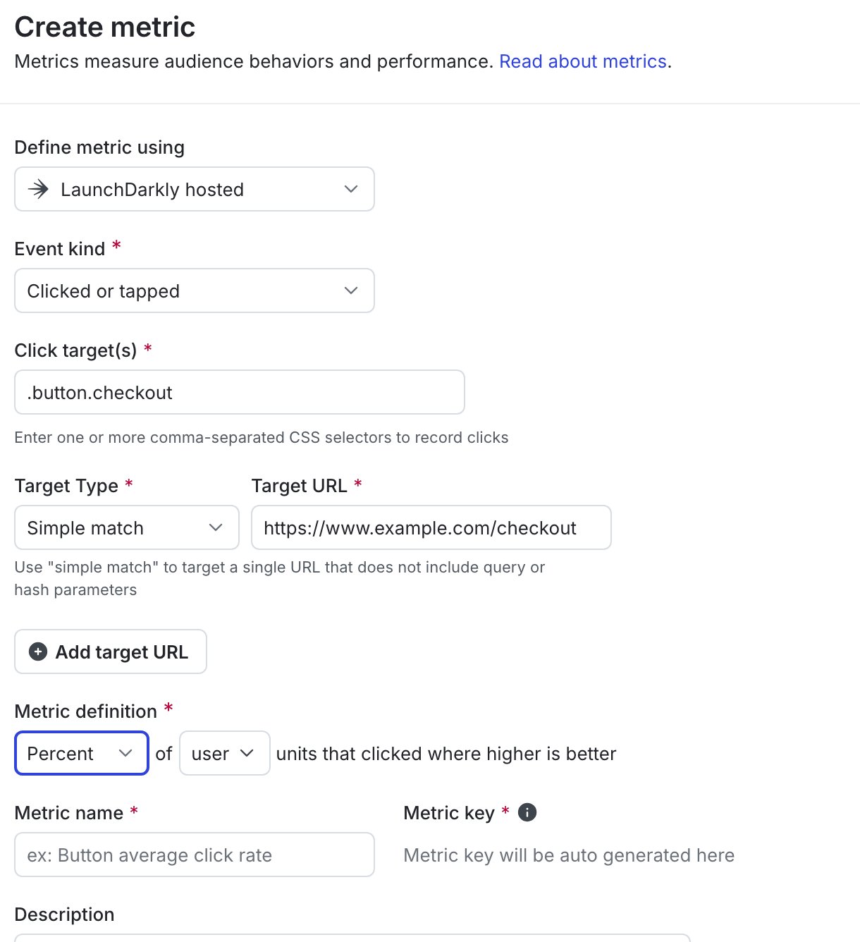 The "Create metric" dialog for a new click conversion metric.