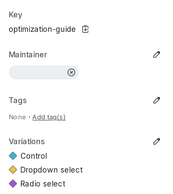 The "Variations" section of a flag's right sidebar for use in an experiment.