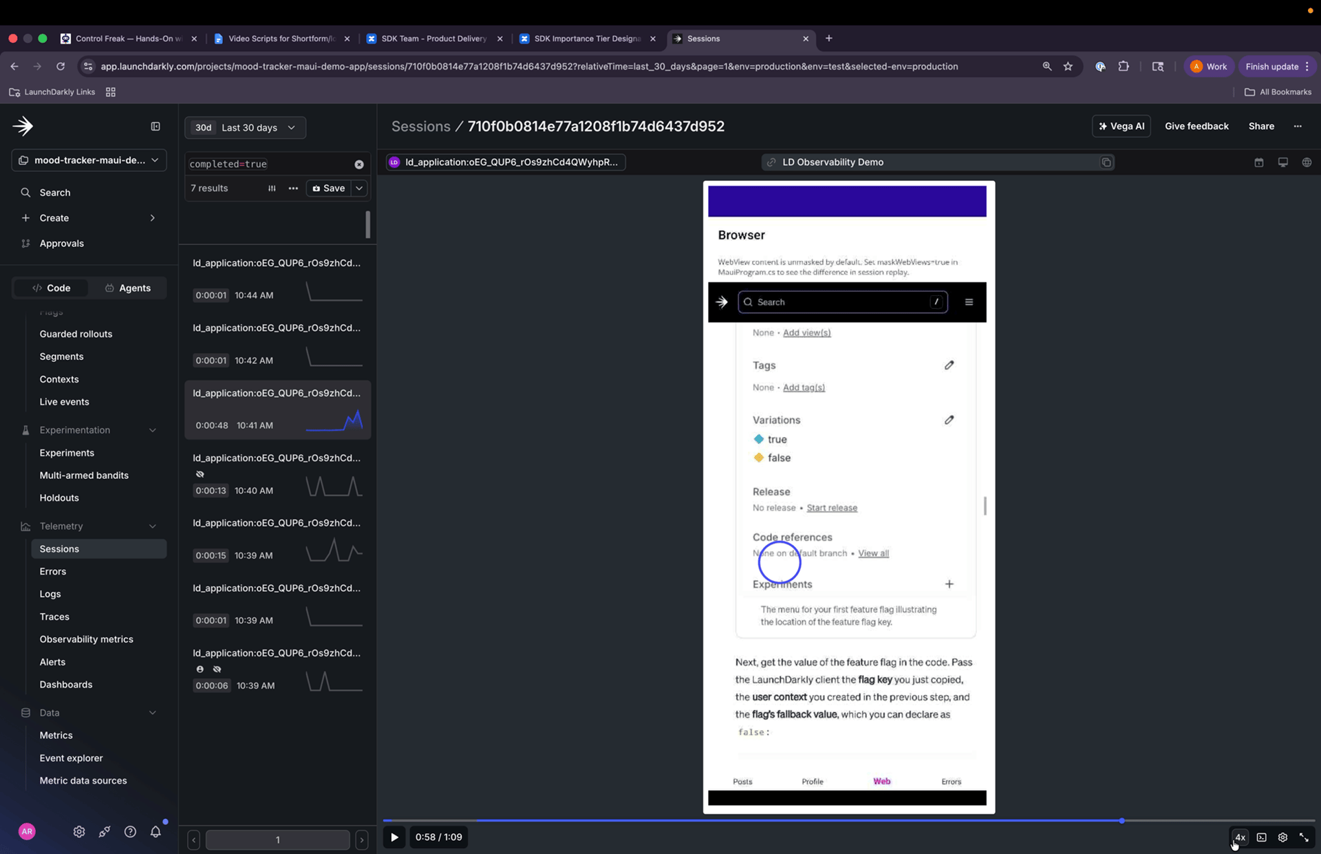 The LaunchDarkly session replay player showing a recorded MAUI session with a scrub bar and timeline.