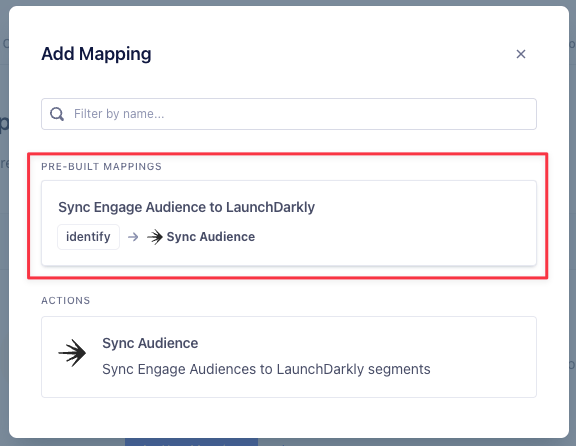 The "Add Mapping" modal in Twilio Segment with the "Sync Engage Audience to LaunchDarkly" mapping highlighted.