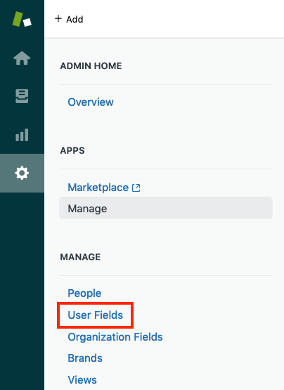 The Admin screen with the User Fields menu item out.