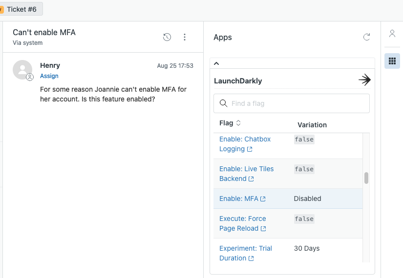 The Zendesk ticket page with the LaunchDarkly integration enabled.