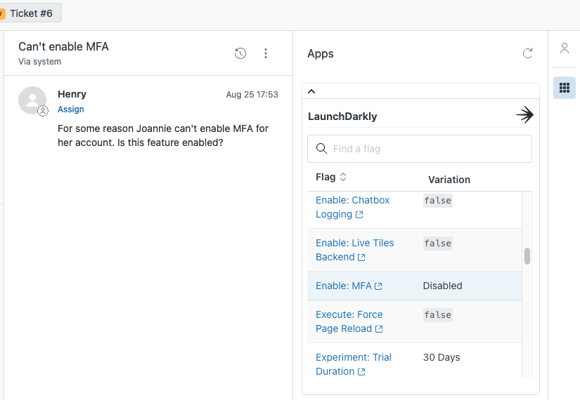 The Zendesk ticket page with the LaunchDarkly integration enabled.