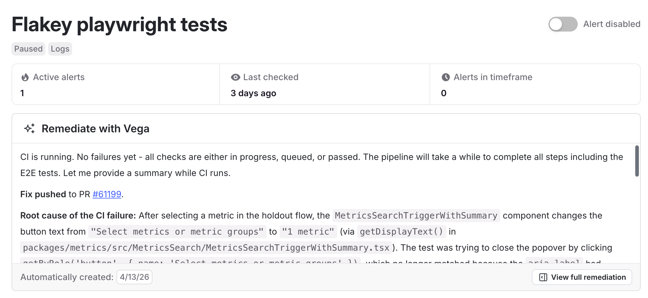An alert detail page showing a Vega remediation result with a root cause analysis and a linked pull request.