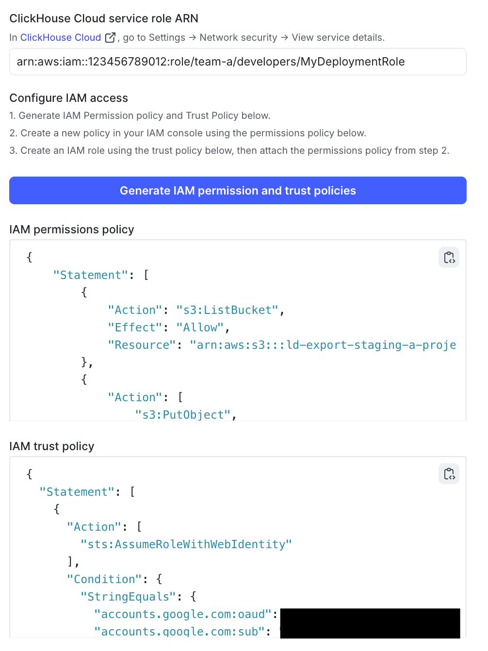 The generated IAM permission and trust policies in LaunchDarkly.